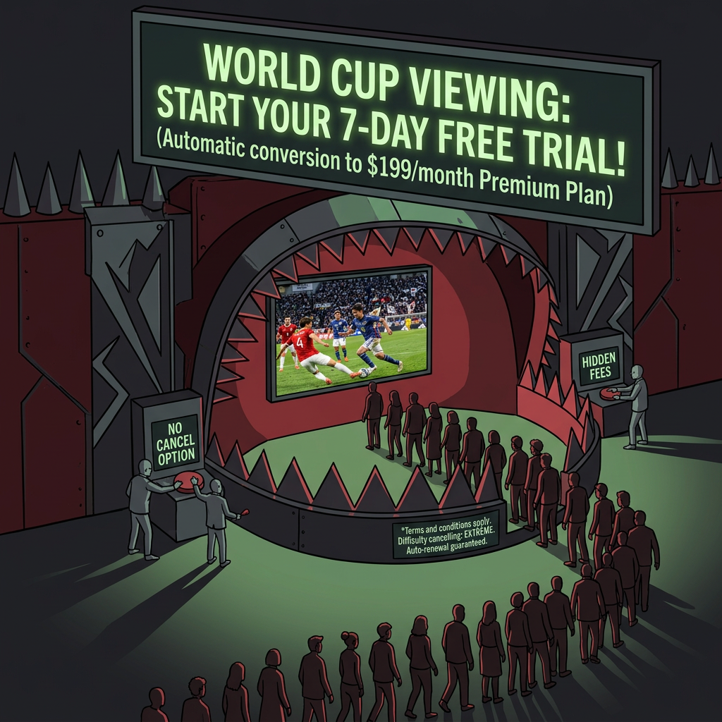 People entering a trap with signs for no cancel option and hidden fees while watching soccer.